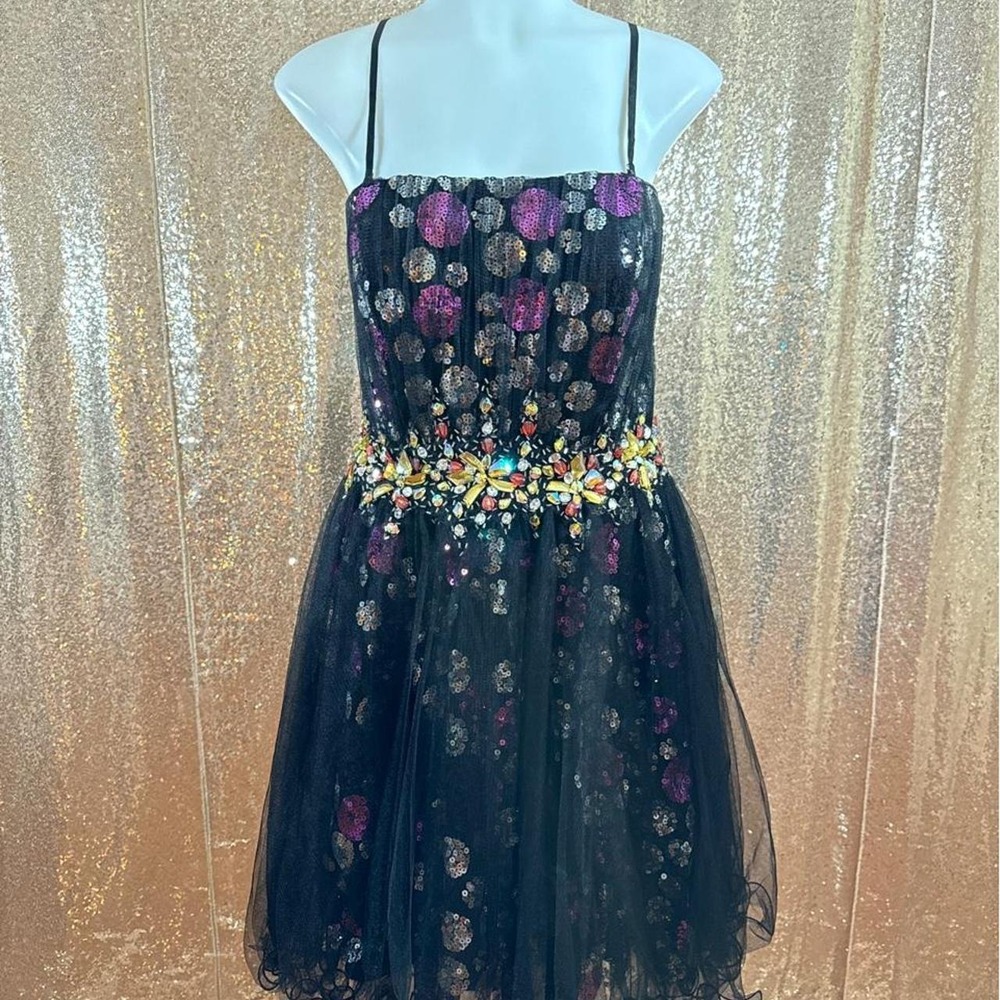Poly USA Black Sequin Tulle Cocktail Jeweled Waist HoCo Dress NWT/Size XL
